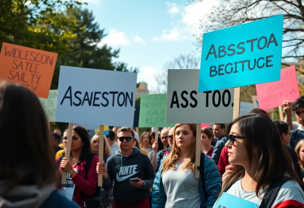 A rally against asbestos reconsideration with activists holding signs