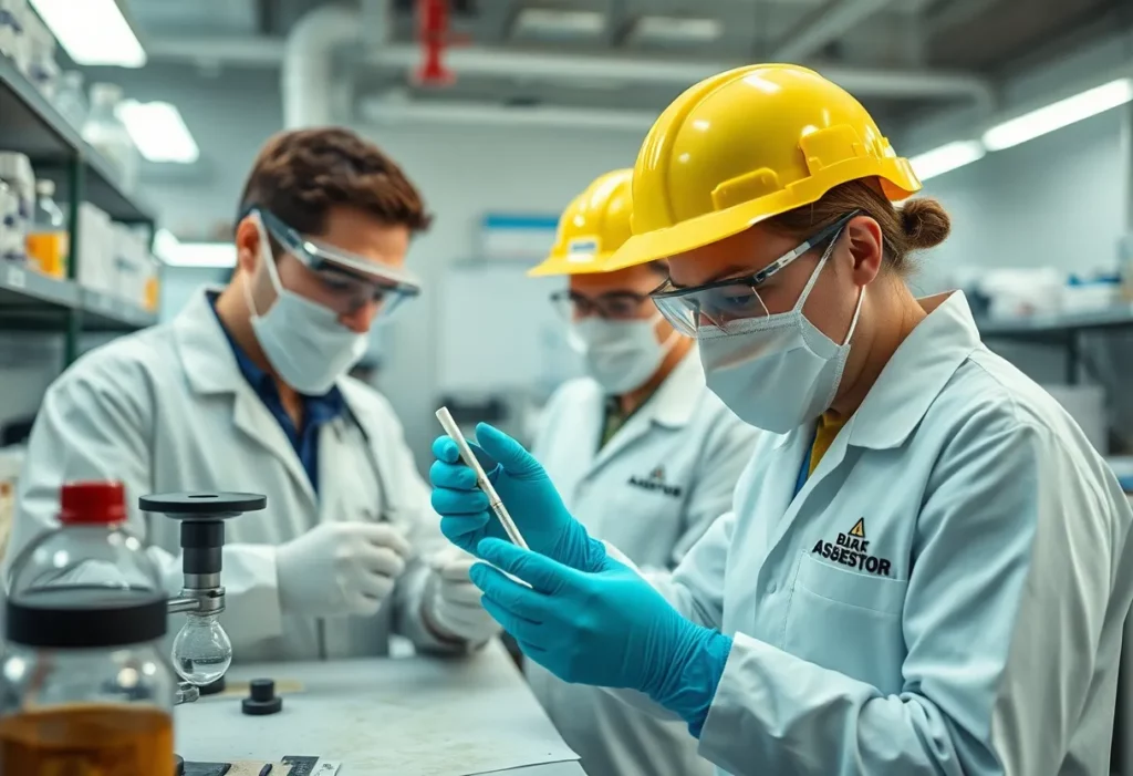 Researchers analyzing asbestos fibers in a lab