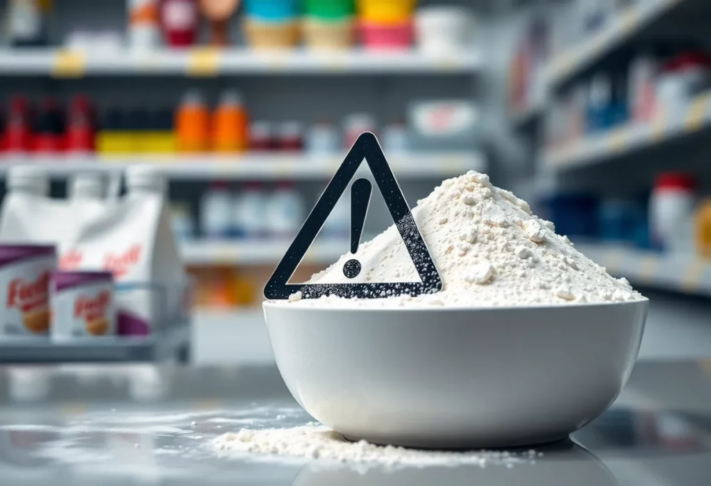 Conceptual image showing talc powder with caution symbol.