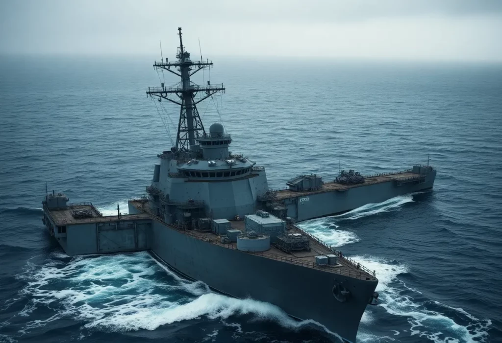 USS Peterson, a former U.S. Navy destroyer in a solemn setting.