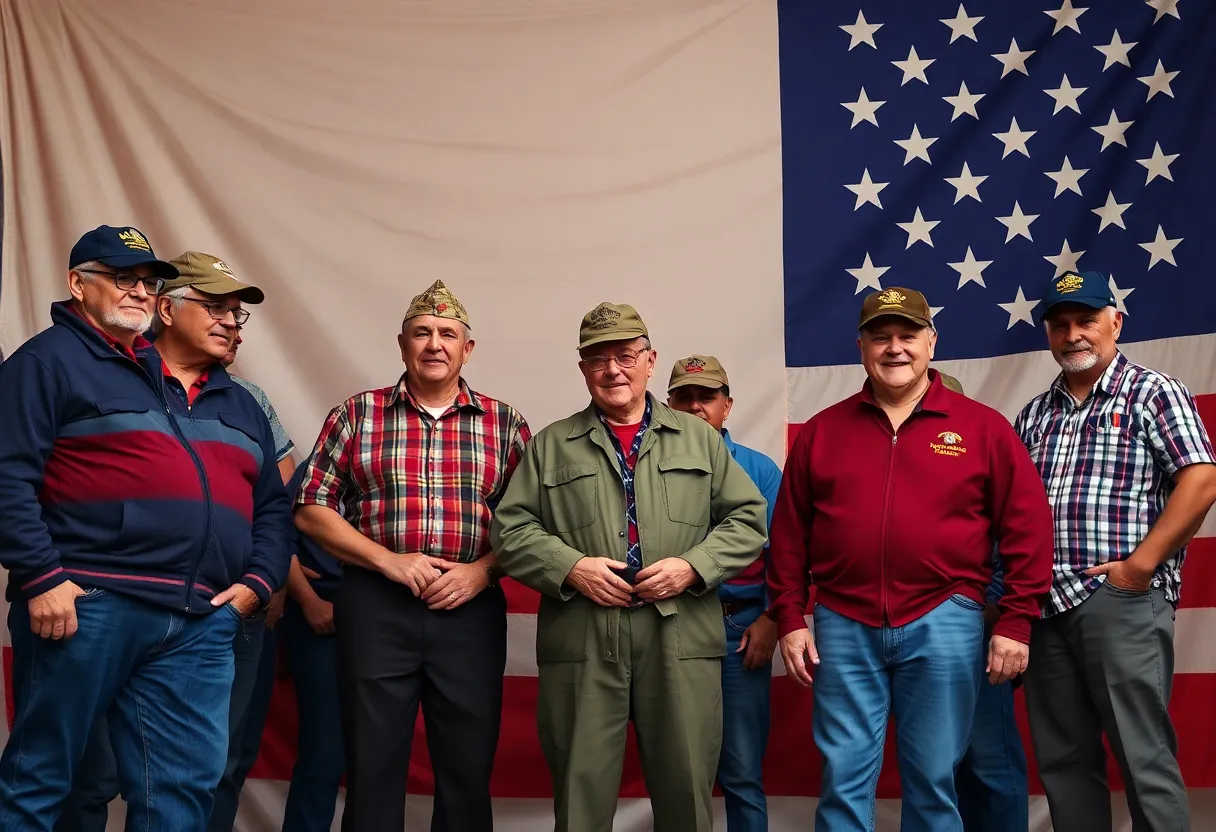 Group of veterans addressing mesothelioma risks against an American flag backdrop