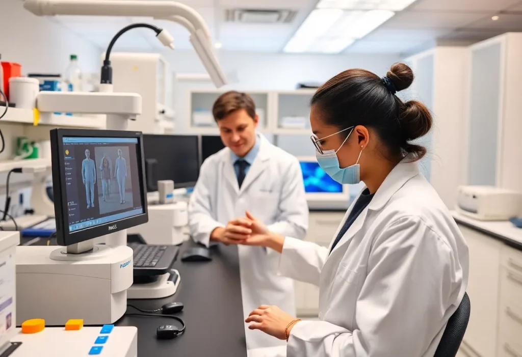 Researchers in a lab developing cancer treatment therapy