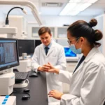Researchers in a lab developing cancer treatment therapy