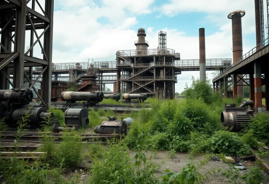 An abandoned factory site showing remnants of industrial equipment.