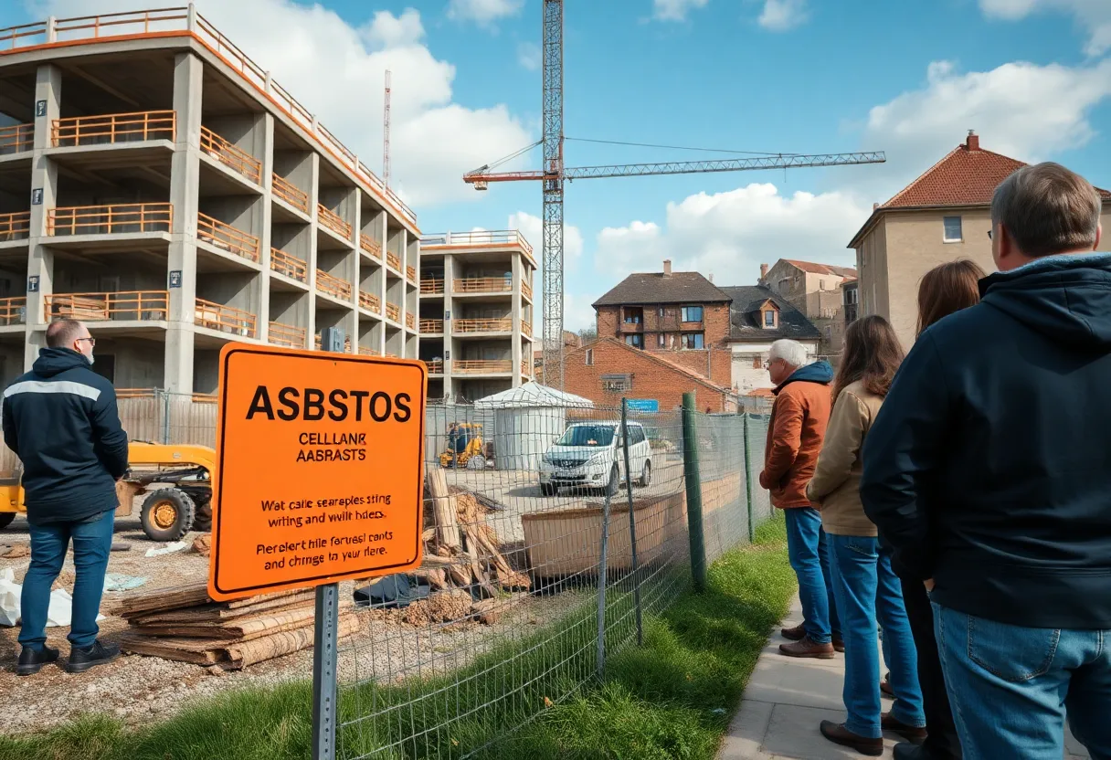 Construction site in Cleckheaton with safety signs about asbestos
