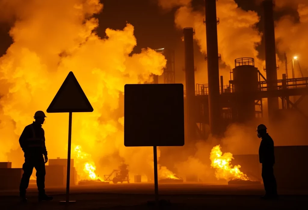 An industrial scene highlighting the dangers of asbestos exposure with caution signs.