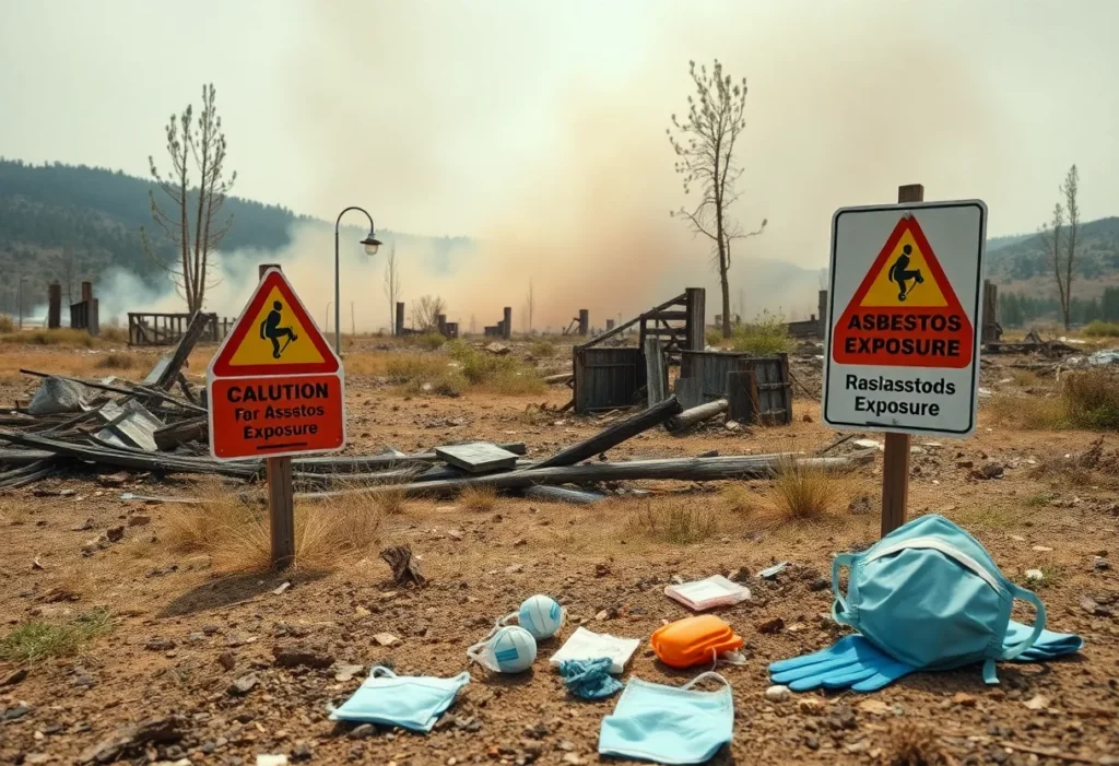 Wildfire aftermath showing debris and caution signs for asbestos exposure