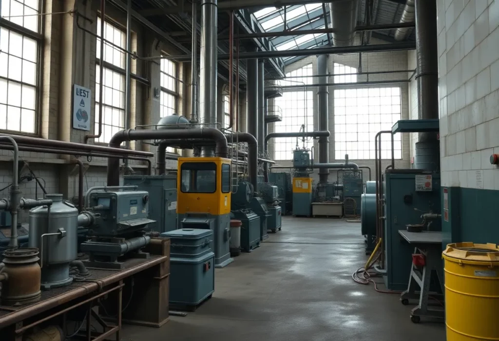 Chemical factory showing safety hazards related to asbestos exposure