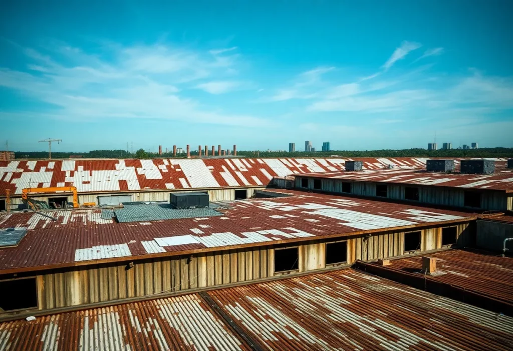 Industrial site showing old roofing materials associated with asbestos exposure.