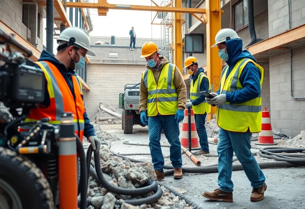 Construction workers managing asbestos removal at a site.