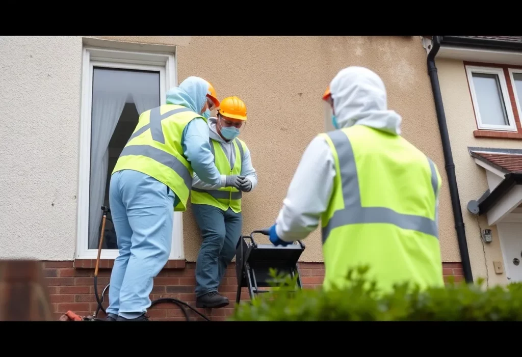 Safe asbestos removal process with professionals in protective gear