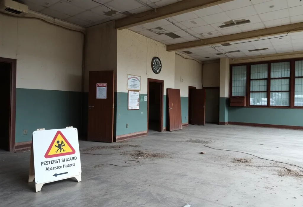 An old school building with caution signs indicating asbestos risk.