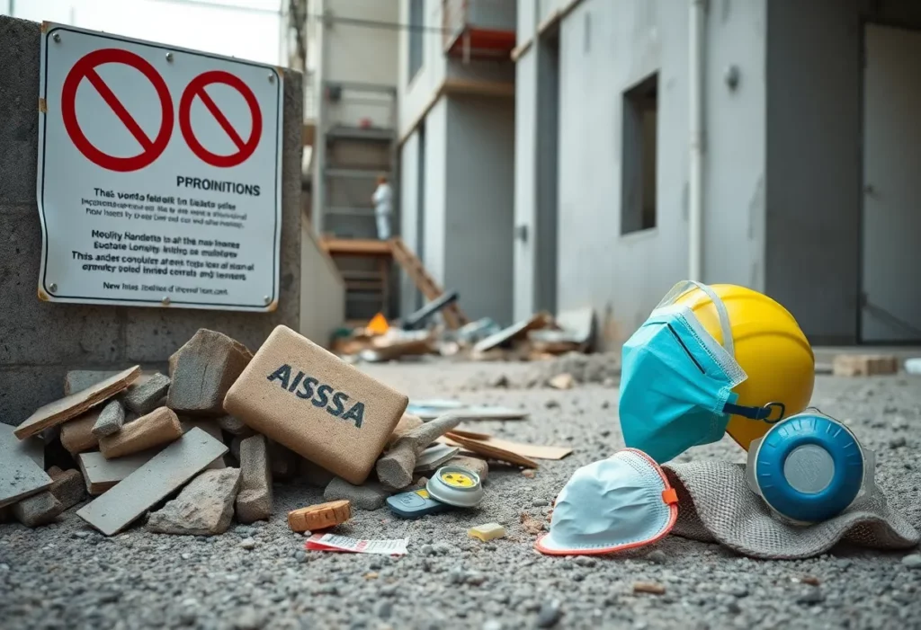 Construction site showing signs of asbestos violation and safety precautions.