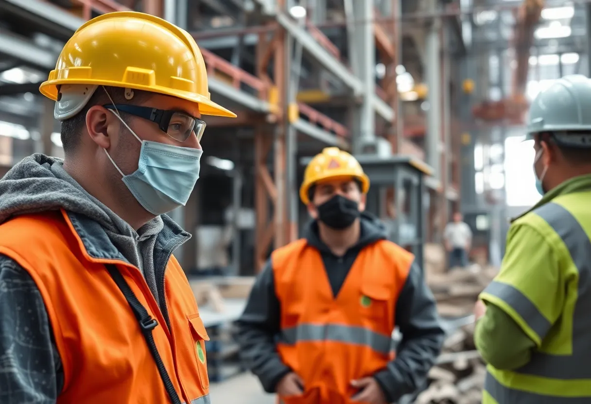 Workers wearing protective gear on a construction site emphasizing safety against asbestos exposure.