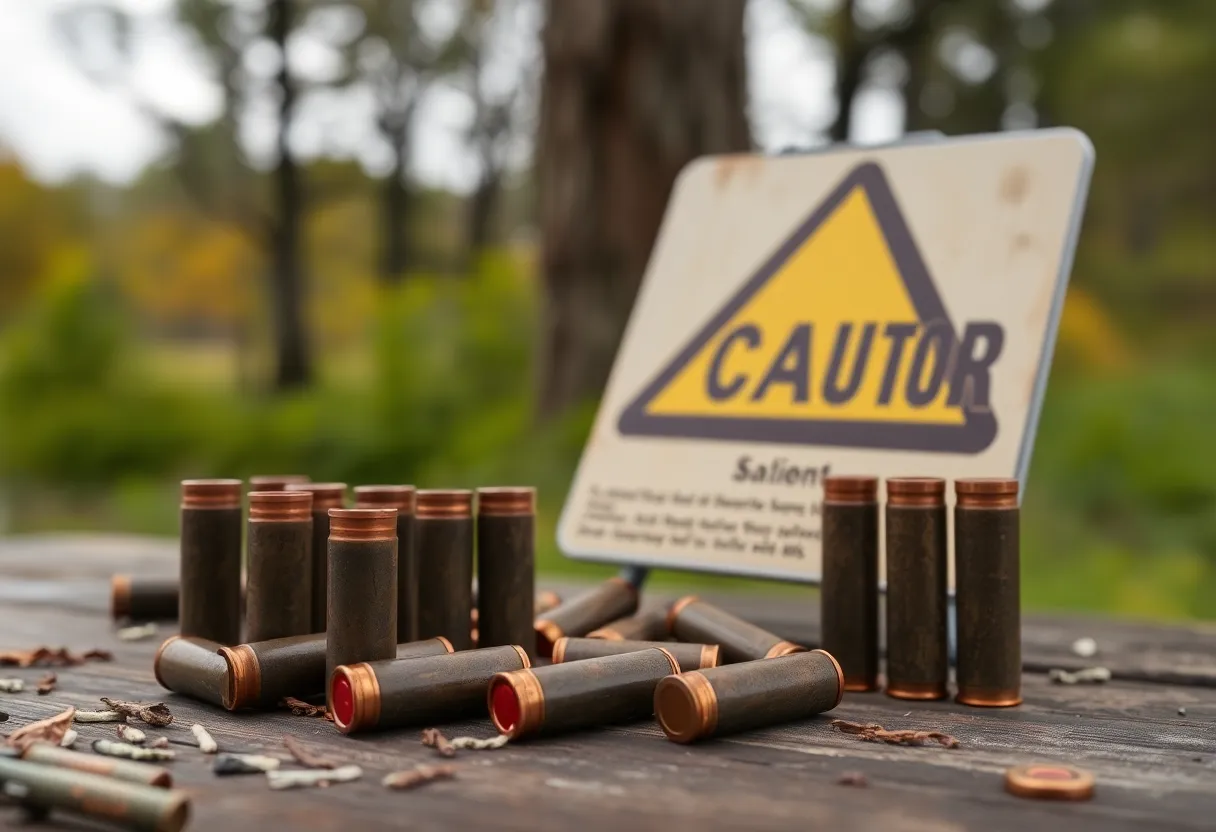 Shotgun shells on a hunting table with a caution sign about hazards.
