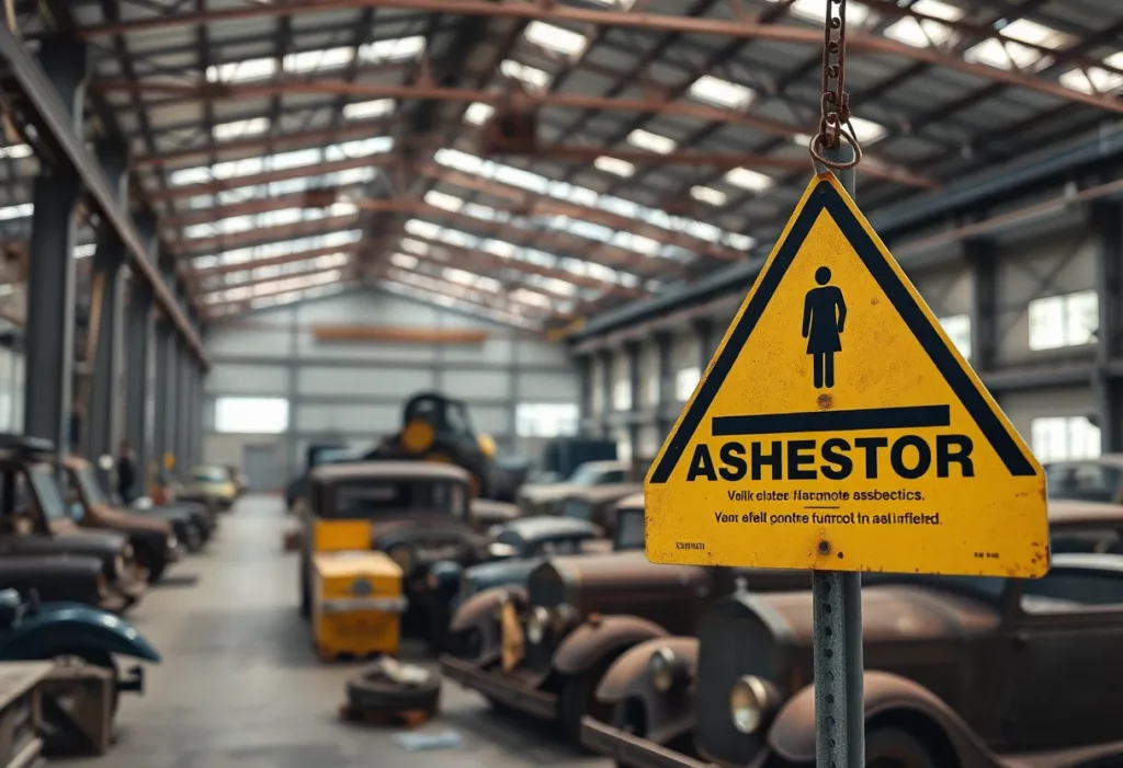 Warning signs for asbestos in an industrial workspace