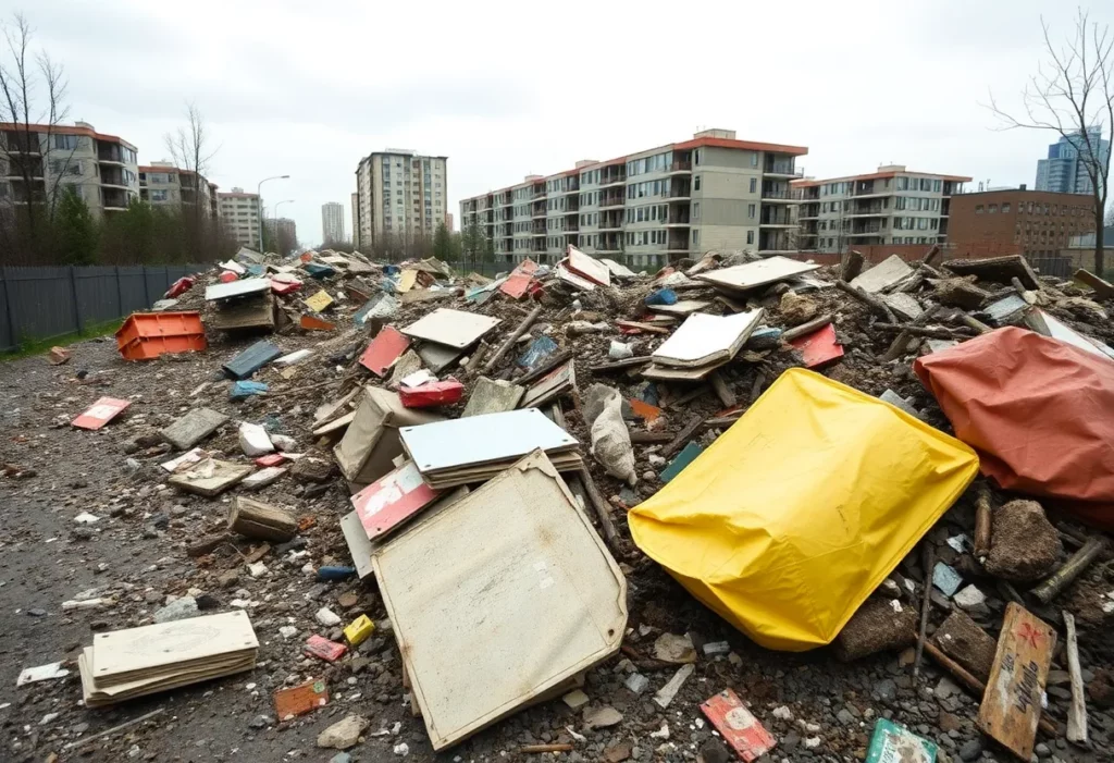 Illegal dumping site showcasing asbestos materials in an urban setting