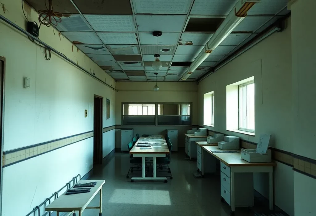 Interior of an older hospital with signs of wear, indicating potential asbestos risk.