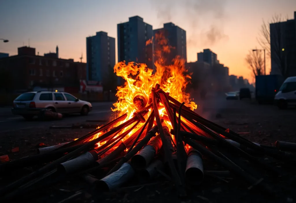 Bonfire site with visible hazardous materials in Belfast
