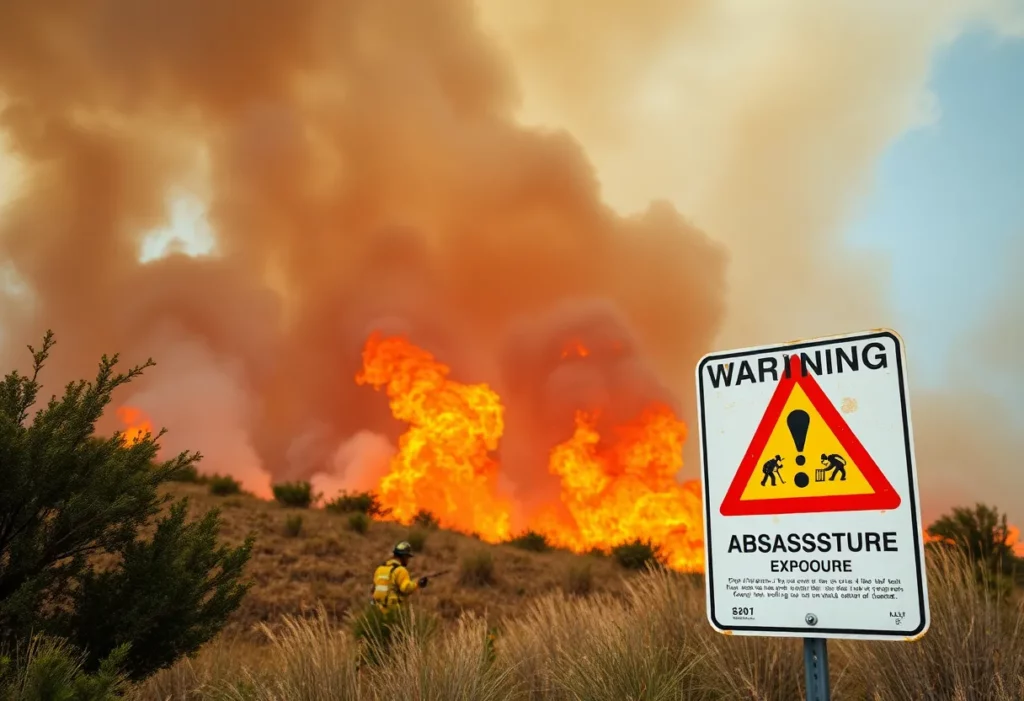 California wildfire with warning sign about asbestos exposure