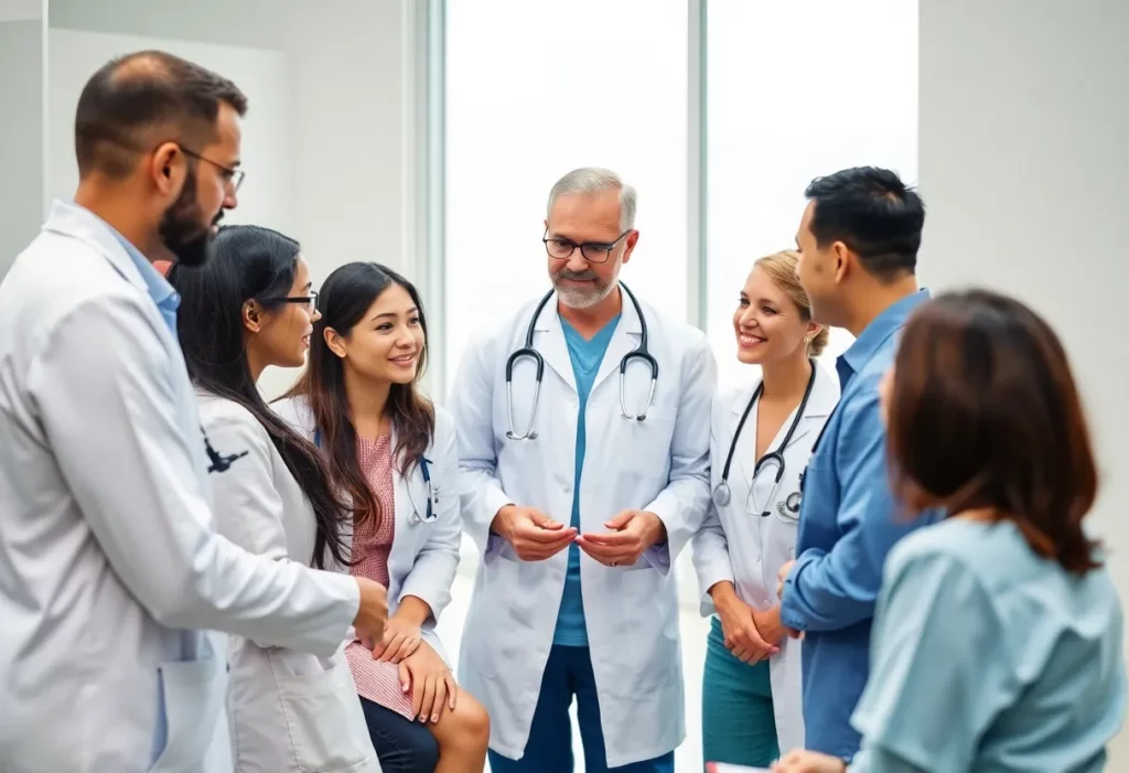 Healthcare professionals discussing cancer treatment options.