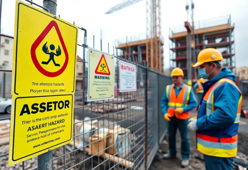 Workers at a construction site with asbestos warning signs