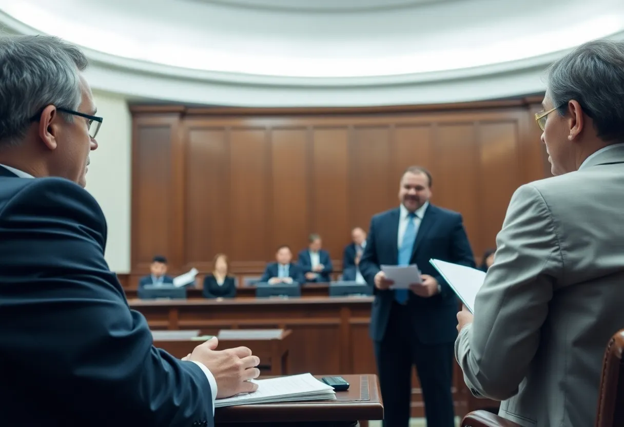 Lawyers engaged in a legal debate in a courtroom regarding asbestos claims