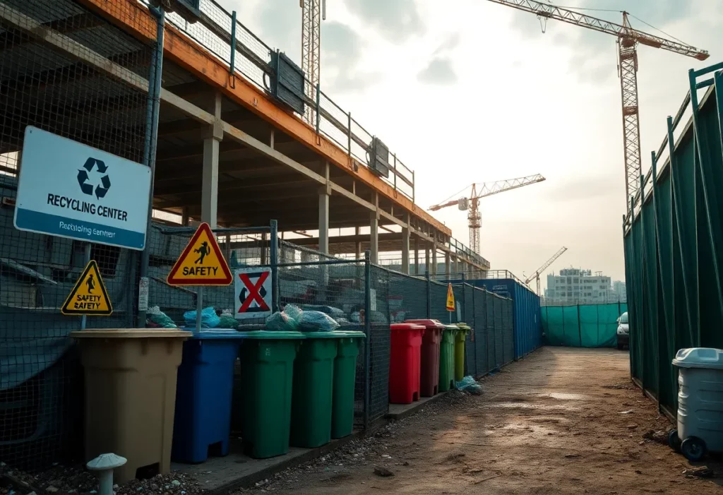Construction site near Drongen recycling center with safety warnings.
