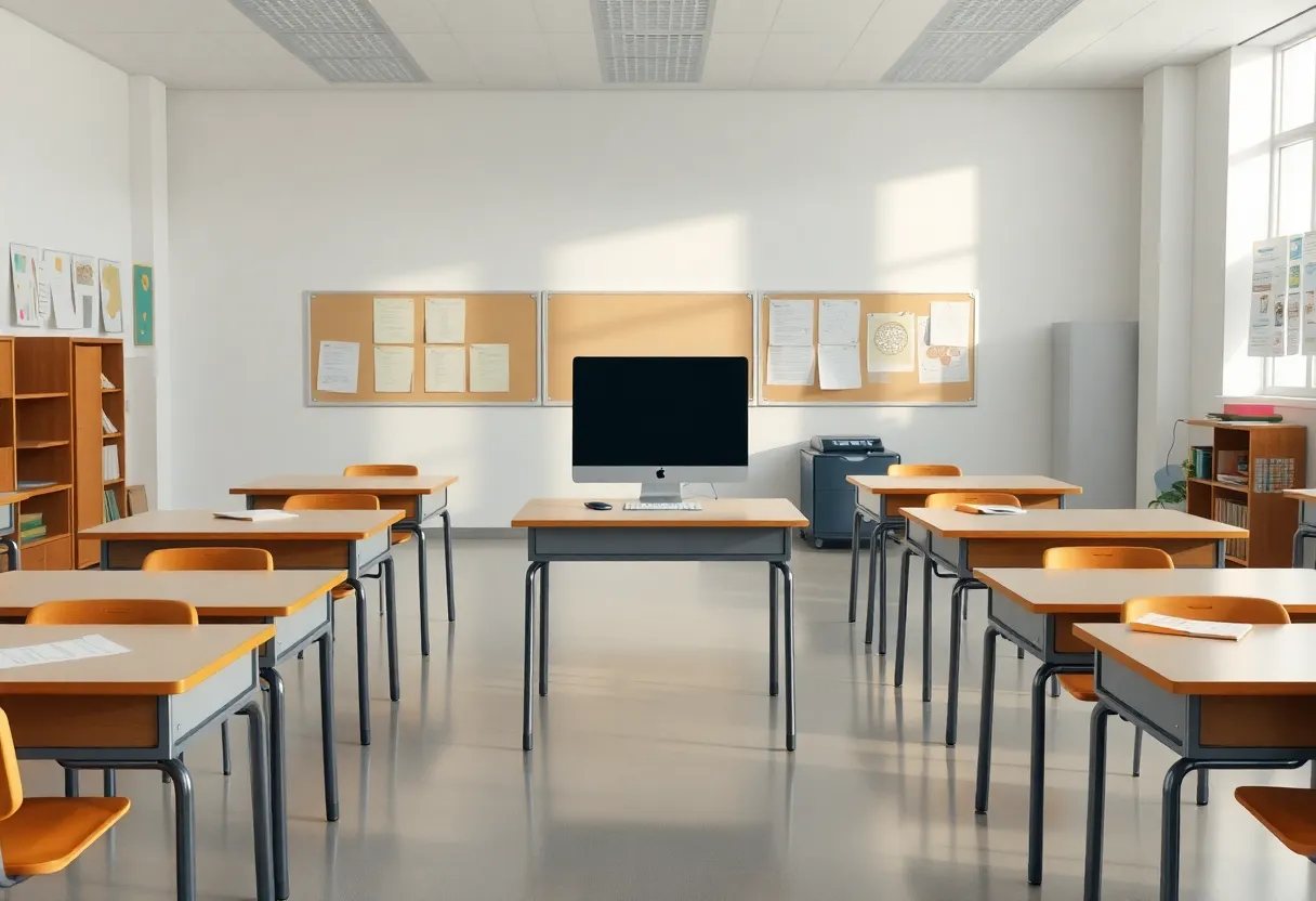Classroom set up for online learning with a computer and educational materials.