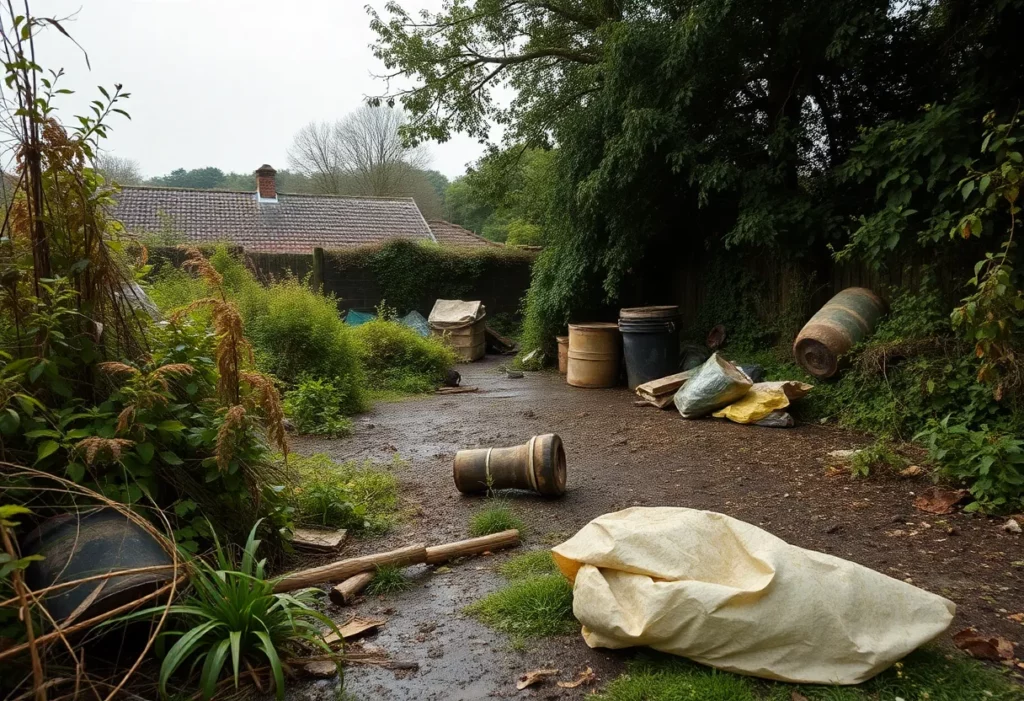 Neglected farmland in Cornwall with signs of hazardous waste disposal.