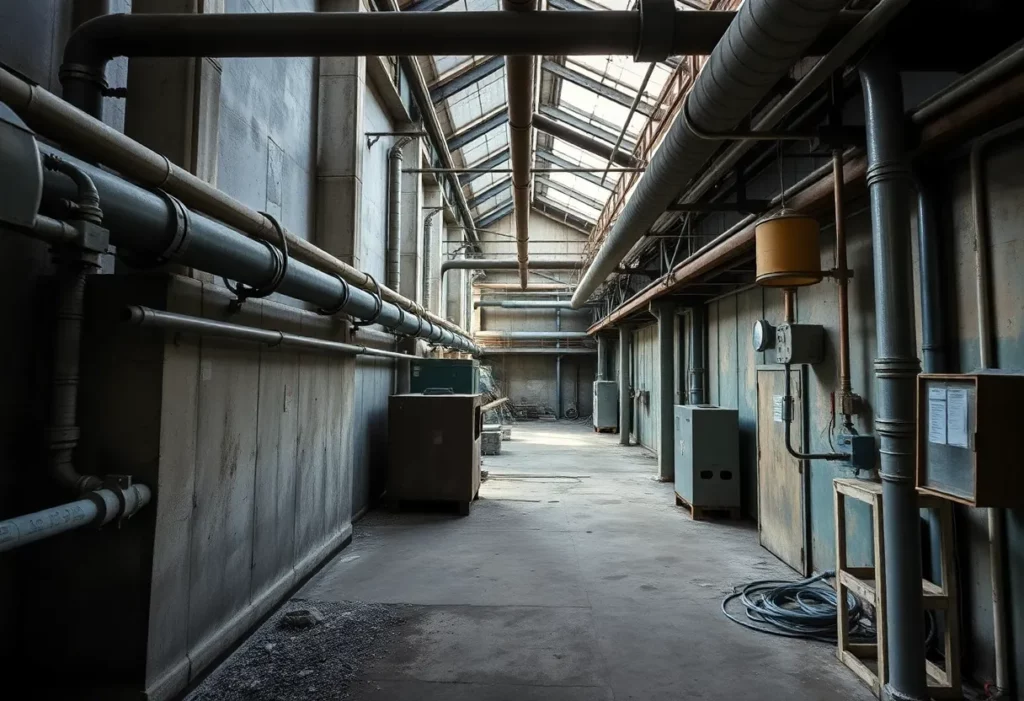 Dilapidated factory with safety signs