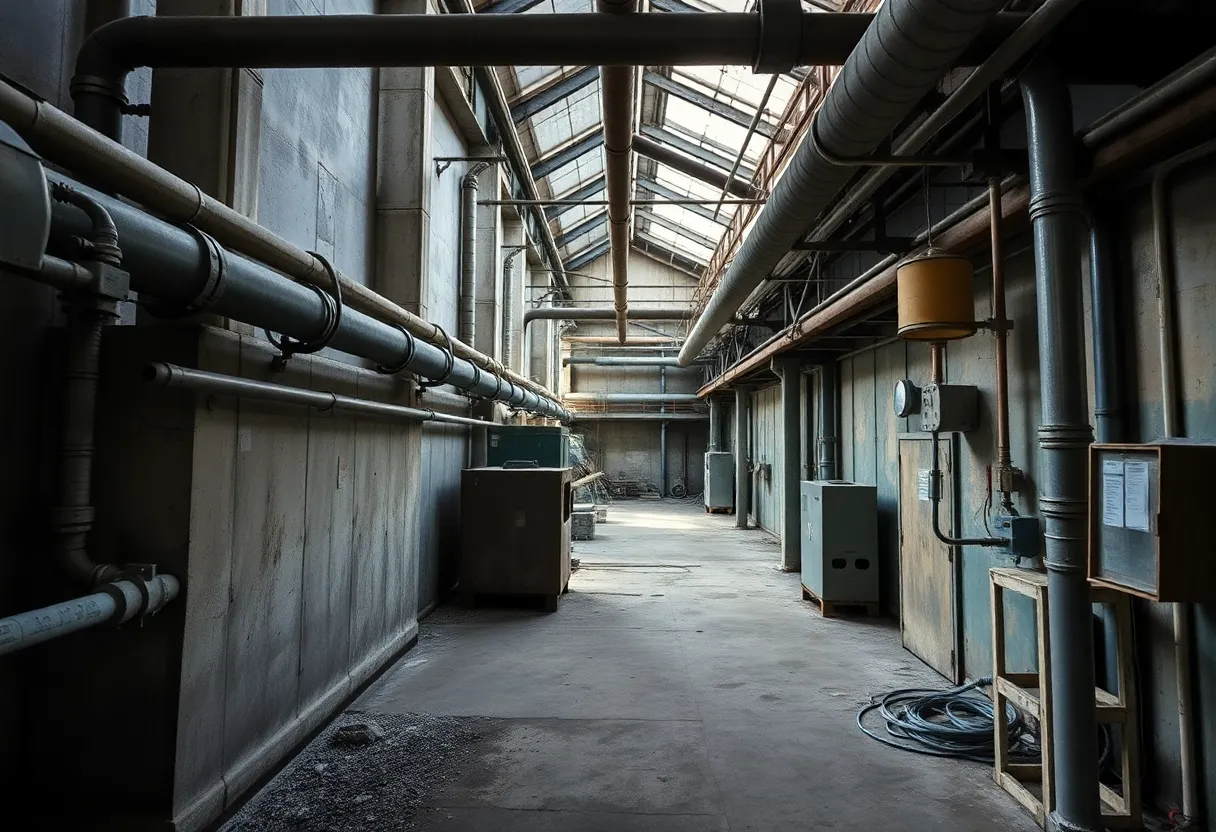 Dilapidated factory with safety signs