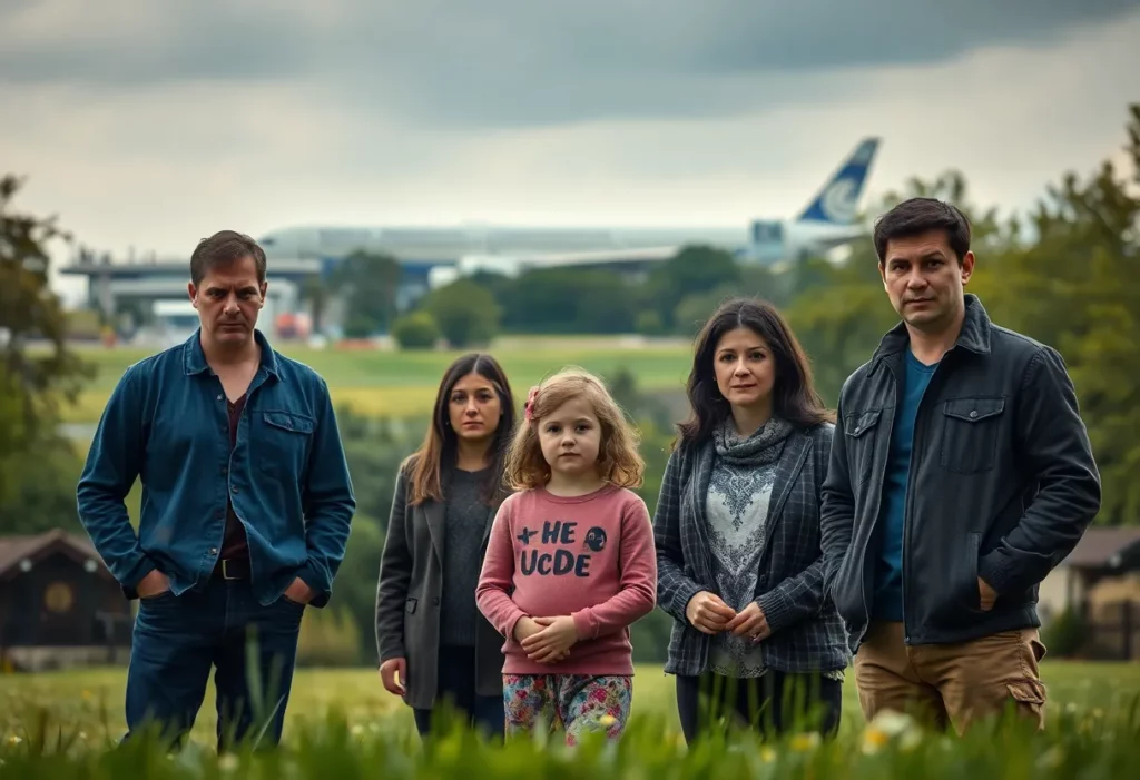 Family gathering in front of Heathrow Airport, advocating against asbestos exposure.