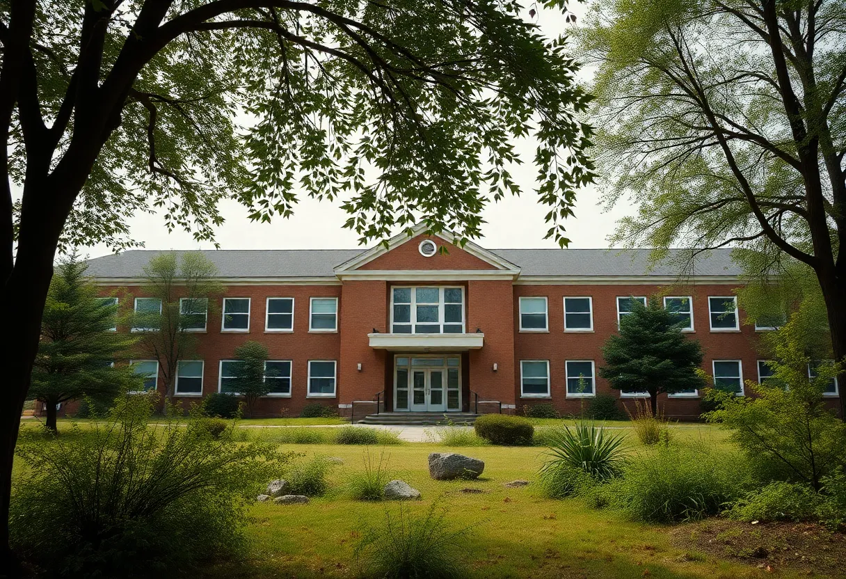 View of Fort Morgan High School highlighting asbestos health risks