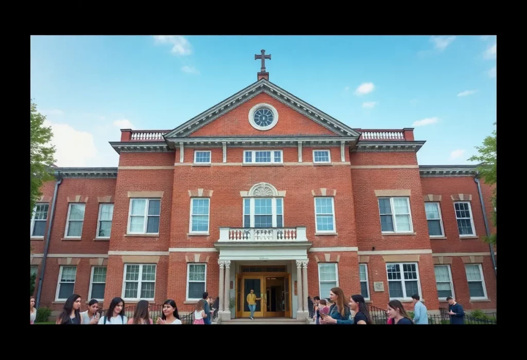 Frankford High School building with students celebrating reopening