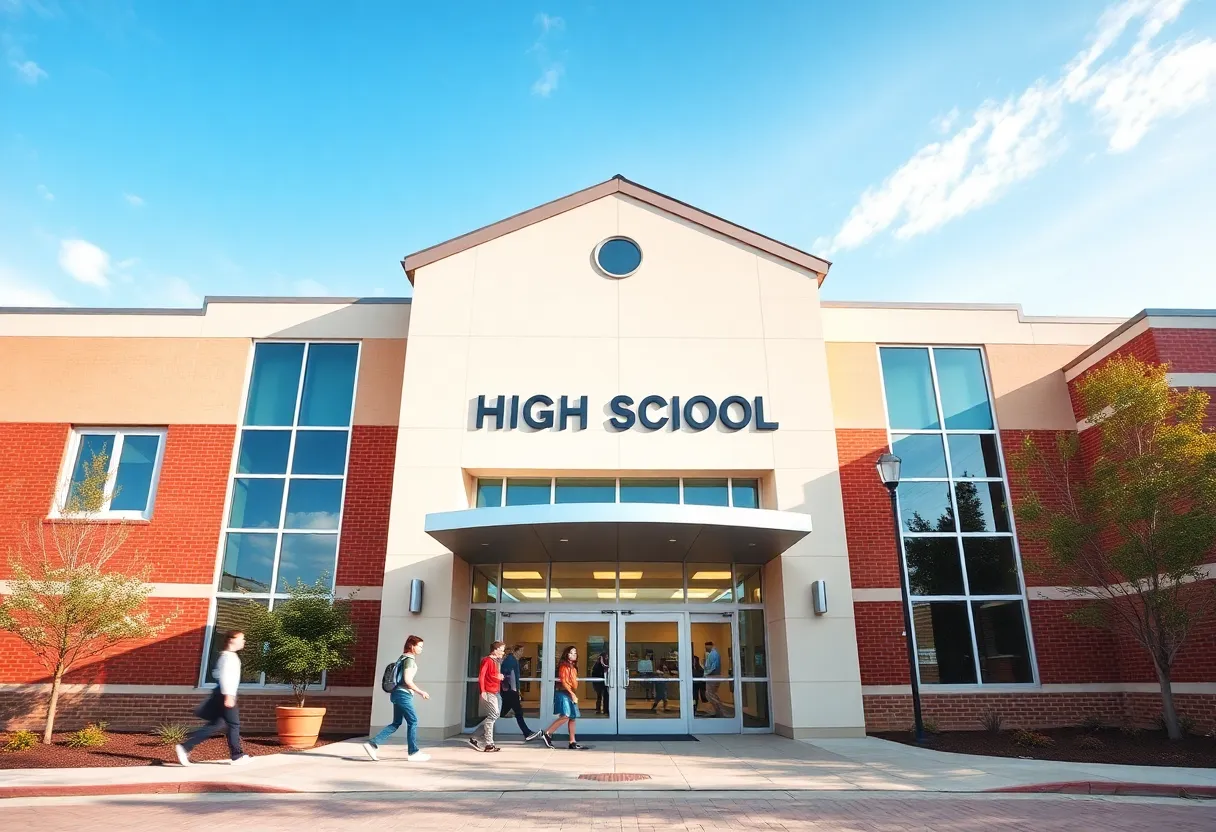Frankford High School's renovated entrance with students arriving
