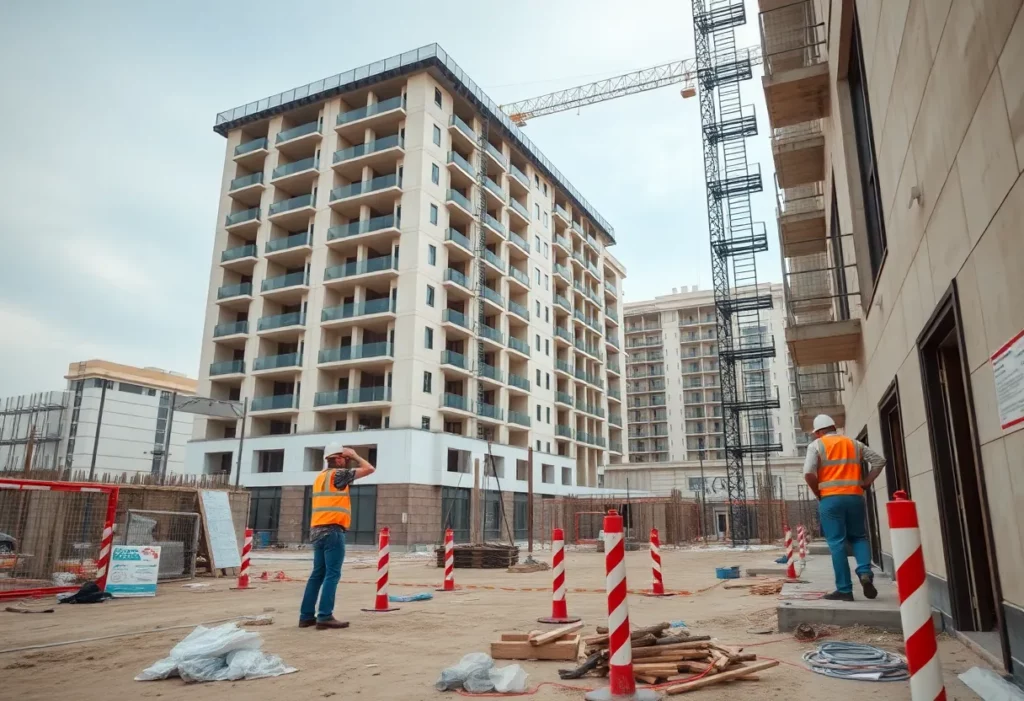 Construction site with safety hazards during hotel renovations.