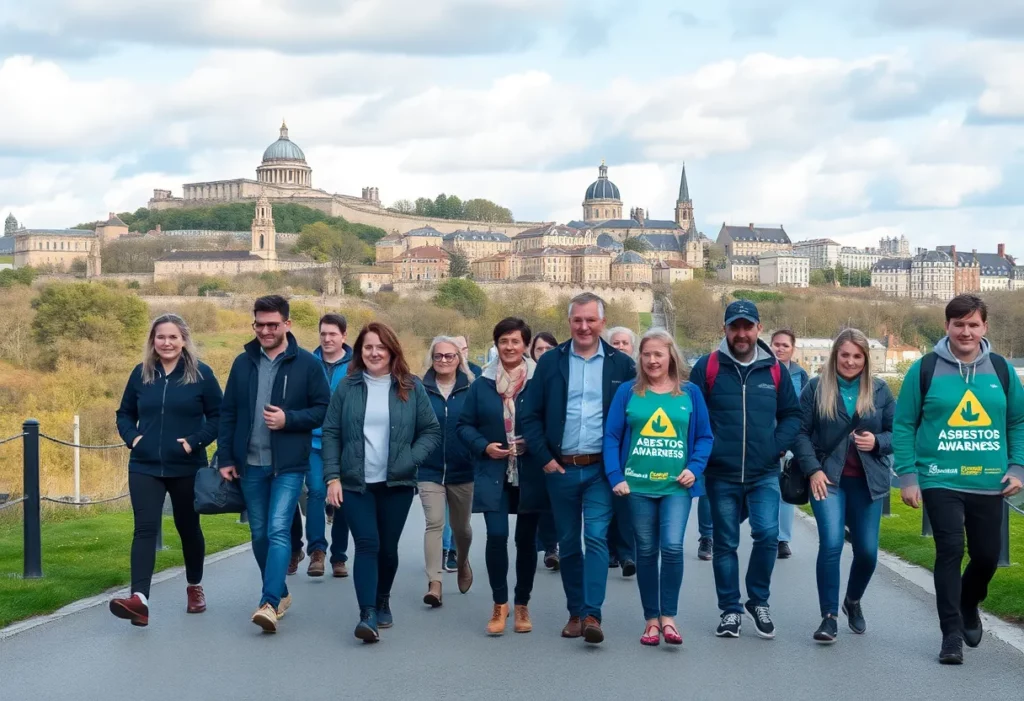 Participants walking in Leigh Day charity event promoting awareness for asbestos-related diseases.