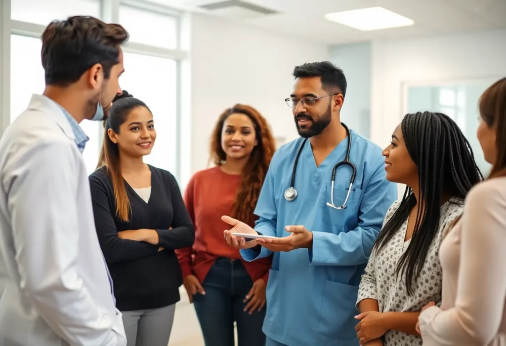 Healthcare professional consulting with diverse patients about mesothelioma treatment options.