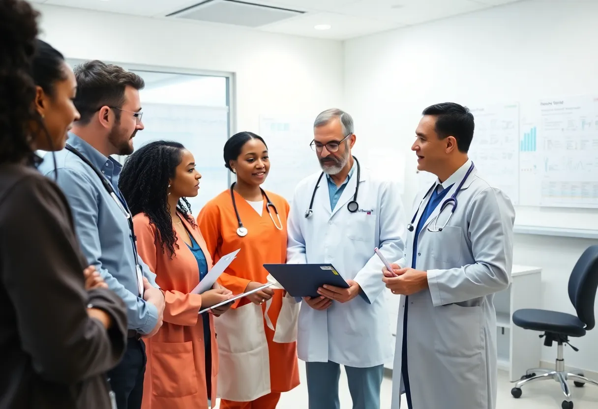 Healthcare professionals discussing mesothelioma clinical trial progress.