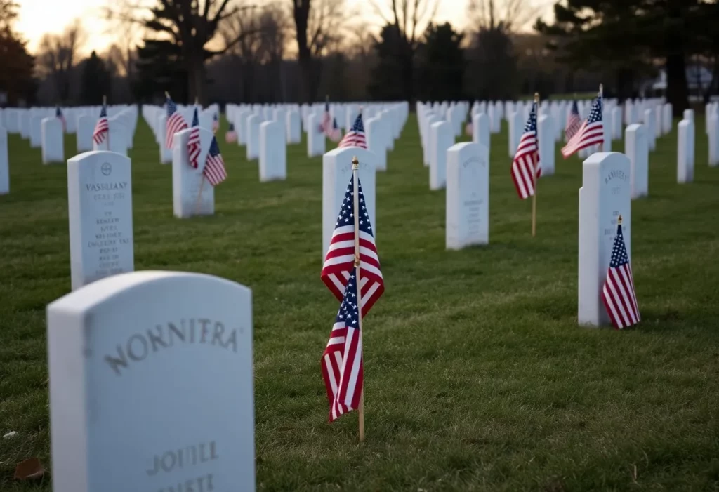 A military cemetery with gravestones and flags in memory of veterans.