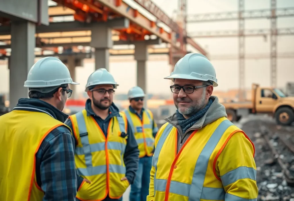 Construction workers on a site in Penticton focusing on asbestos safety practices.