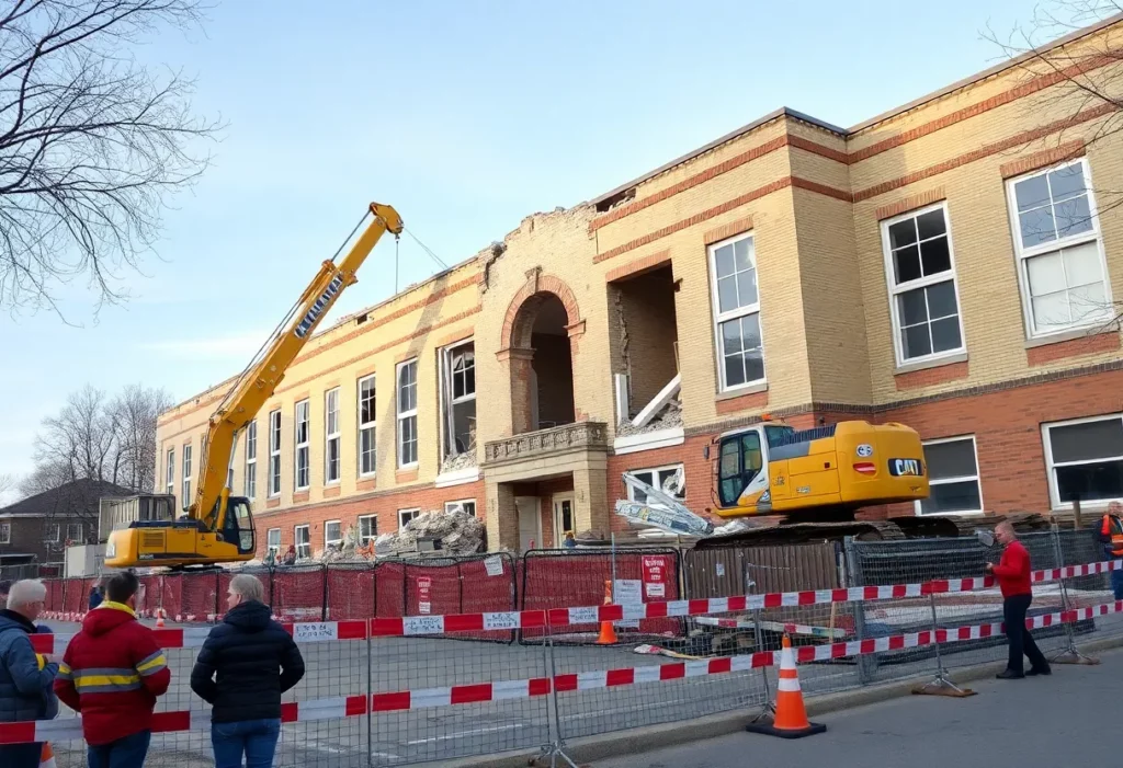 Demolition of Stege Elementary School showing construction activities.