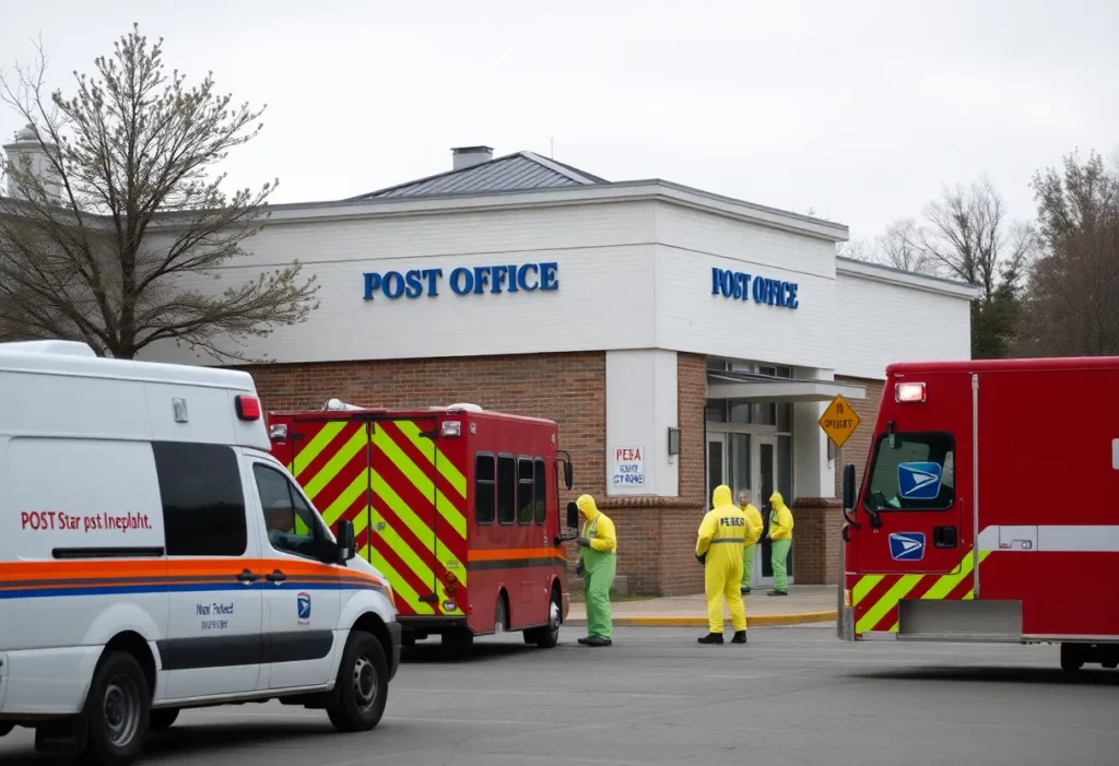 Torrance Post Office building with safety signs and emergency vehicles