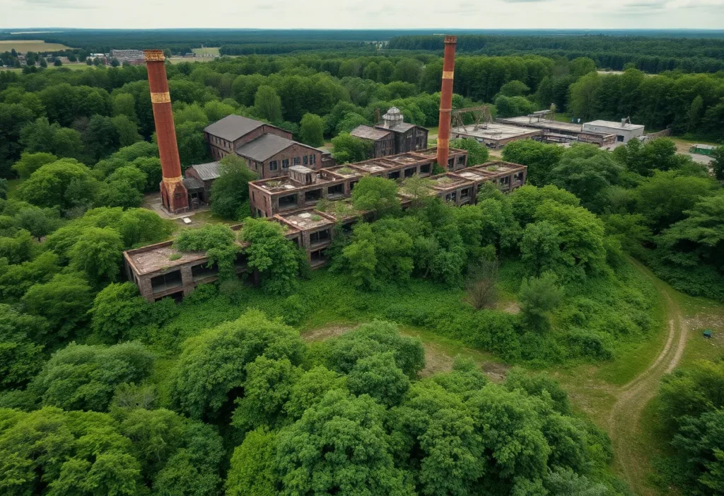 Aerial view of the Turner Brothers asbestos factory ruins in Rochdale, with surrounding greenery.