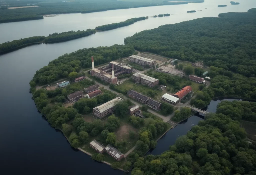 Aerial view of the abandoned Turner Brothers factory site with surrounding vegetation and a river.