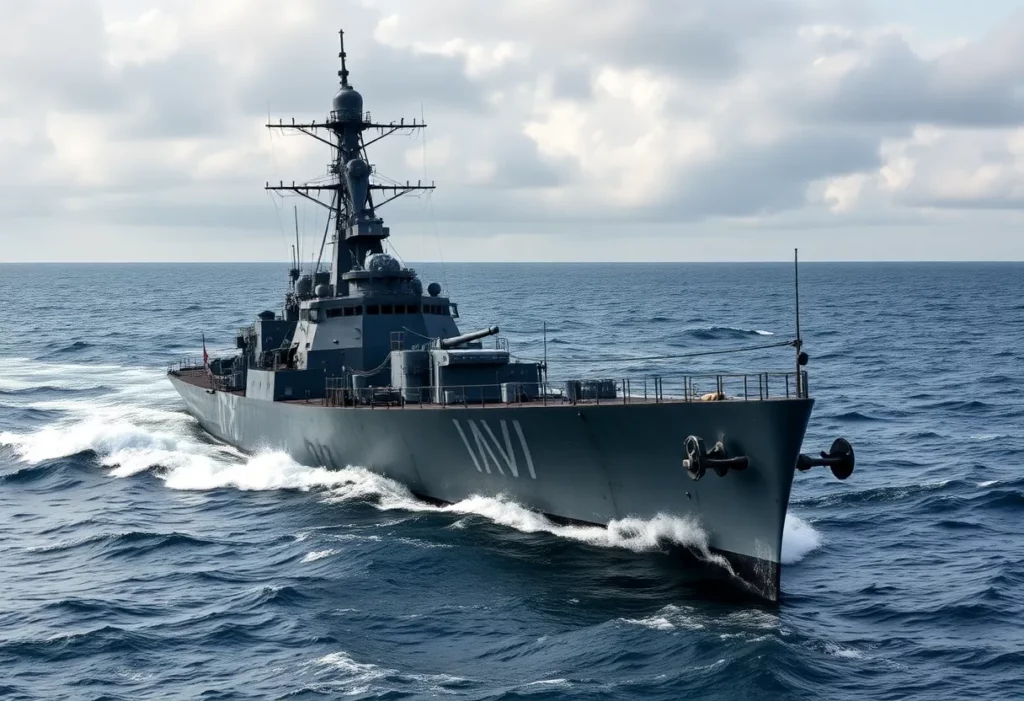 USS Thorn destroyer sailing through the ocean waves.