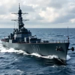 USS Thorn destroyer sailing through the ocean waves.