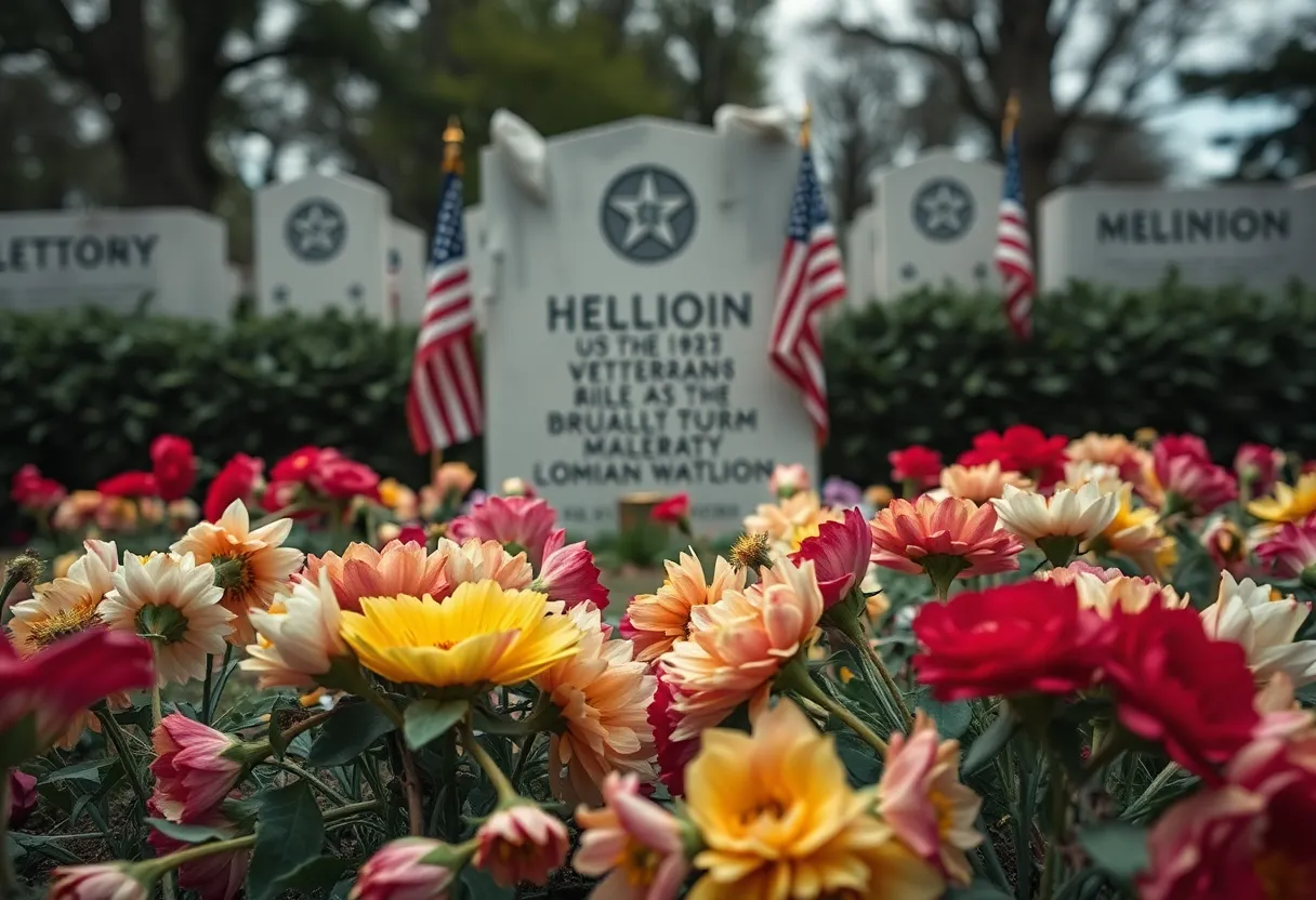 A memorial dedicated to veterans affected by asbestos exposure, adorned with flowers.
