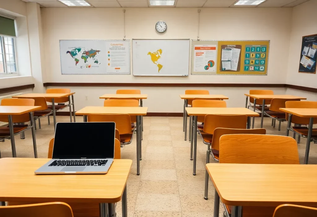 Empty classroom setup for virtual learning